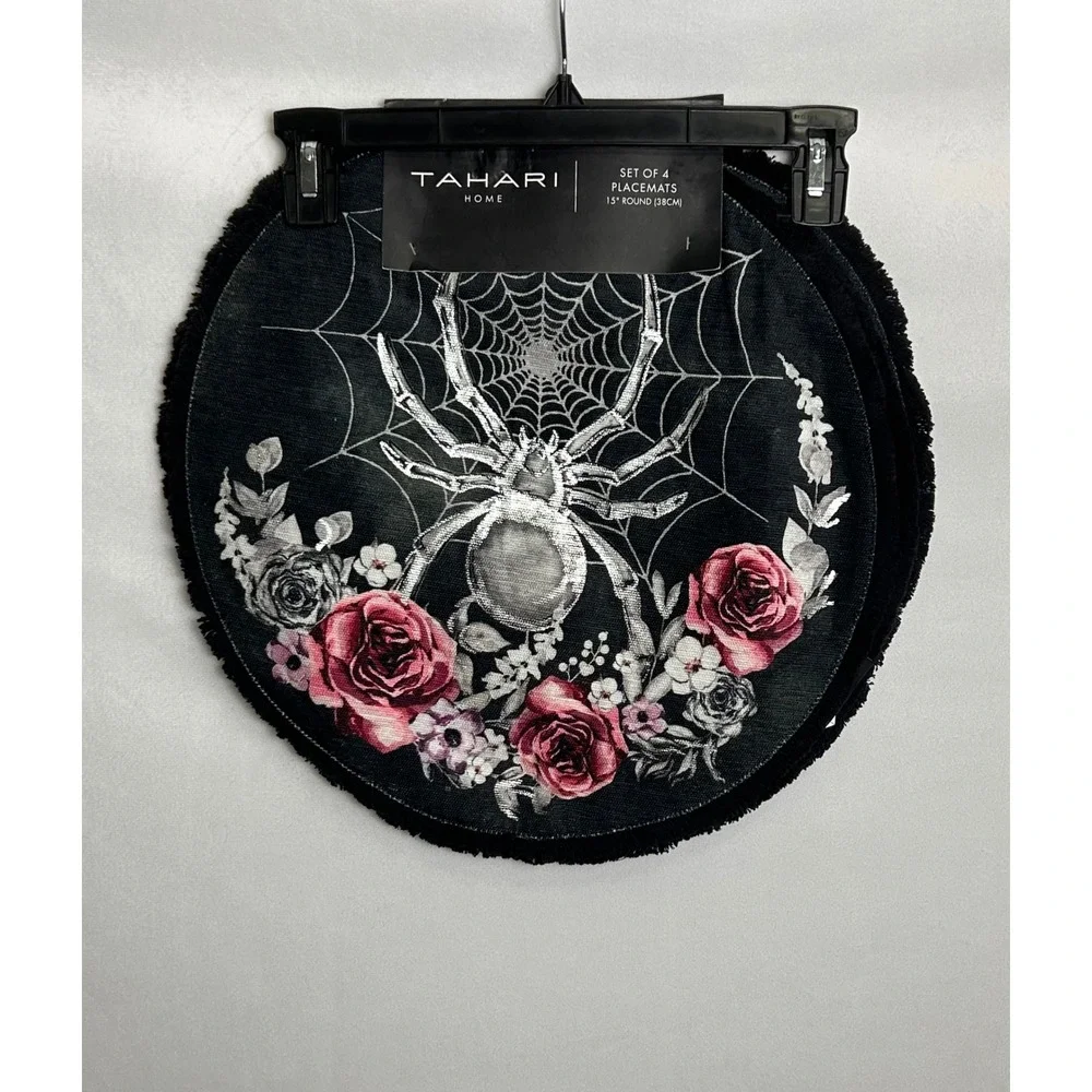 Tahari Home Set of 4 Round Placemats Black Spider Web Floral Pink Goth 15 inch